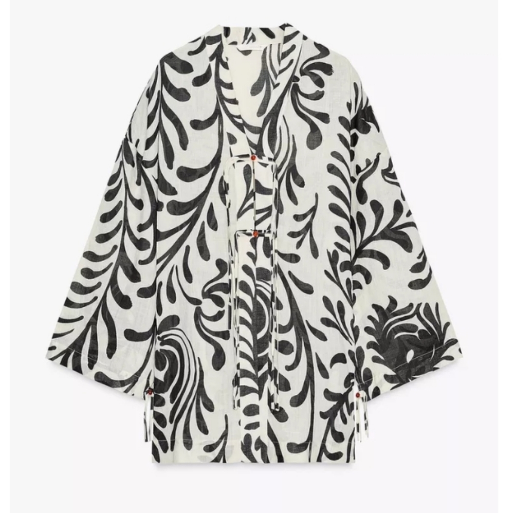 Zara Zw Collection Ramie  Print Kimono Top Sz-XL